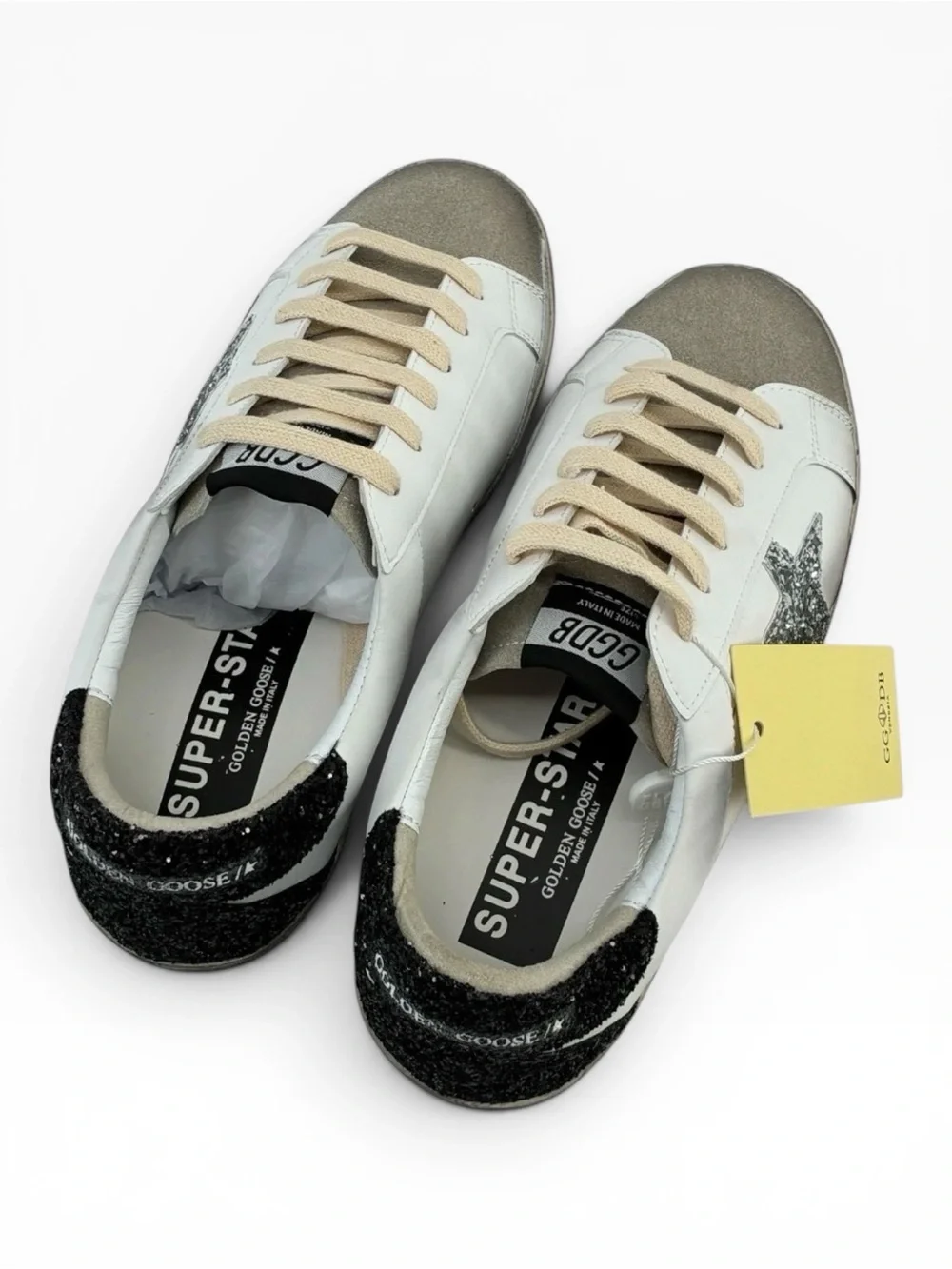 Golden Goose Superstar White Silver Black Glitter Star NIB 8.5